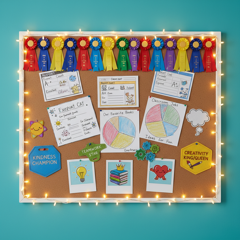 A large white bulletin board with rounded corners is mounted on a turquoise wall, filled with colorful award ribbons, illustrated report cards, hand-drawn pie charts, and cartoon-style badges for kindness, teamwork, and creativity. Polaroid-style frames show icons instead of people: a shining lightbulb, a stack of books with a tiny crown, a smiling heart with arms. A string of warm fairy lights frames the board, casting a cozy glow and soft shadows on the wall. Shot straight-on at eye level, the composition is clean yet energetic, with photographic realism and bright, playful colors. The mood is celebratory and collaborative, suggesting a lively hub where achievements—academic and social—are proudly shared.