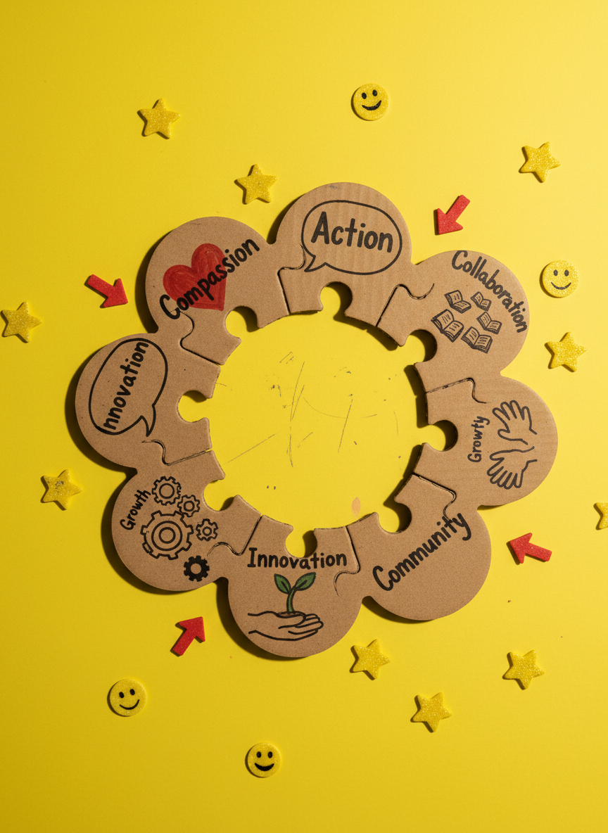 A cluster of rounded, puzzle-piece-shaped cardboard cutouts decorated with painted hearts, speech bubbles, and tiny illustrated books is arranged in a loose circle on a bright yellow poster board. Each piece has a hand-lettered heading like “Compassion,” “Action,” “Collaboration,” and “Creativity,” written in bold marker strokes. Small foam stickers—stars, arrows, and smiling faces—are scattered around, giving the layout a whimsical, tactile feel. Overhead warm studio lighting casts gentle, soft-edged shadows, emphasizing the layered textures. Shot from a top-down, bird’s-eye view in crisp photographic realism, the composition feels like an energetic brainstorming session captured mid-idea, representing the playful yet purposeful values behind a student initiative dedicated to positive community change.
