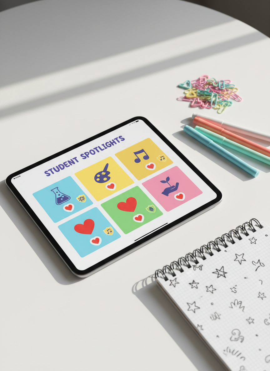 A rounded, glossy tablet lies on a white tabletop, its screen displaying a colorful, playful dashboard titled “Student Spotlights.” Each tile on the screen shows a cartoon-style avatar silhouette, a big heart icon, and bright badges representing science, art, music, and community service. Next to the tablet are smooth pastel pens, a heart-shaped paperclip pile, and a spiral notebook with doodled stars on the cover. Diffused natural daylight illuminates the scene from the left, creating subtle reflections on the tablet’s glass and soft shadows underneath the objects. Captured from a three-quarter overhead angle in photographic realism, with a vibrant, modern aesthetic and shallow depth of field, the image feels dynamic, tech-savvy, and inviting, perfect for a student-led initiative platform.